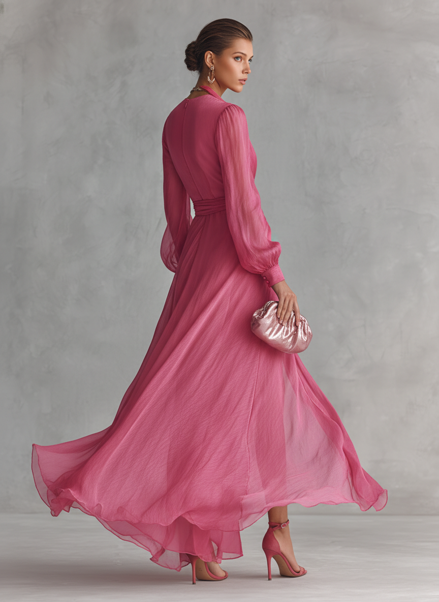 Maylis | Vestido Maxi de Gasa Rosa, Cuello en V