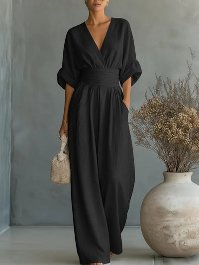 Vestido Elegante con Escote en V, Espalda Descubierta y Mangas Fluidas