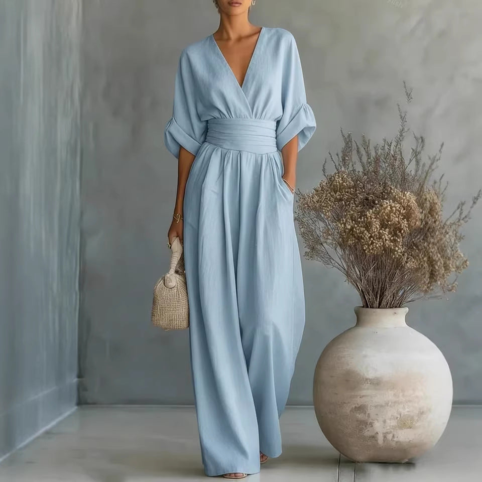 Vestido Elegante con Escote en V, Espalda Descubierta y Mangas Fluidas