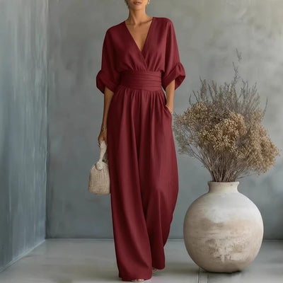 Vestido Elegante con Escote en V, Espalda Descubierta y Mangas Fluidas
