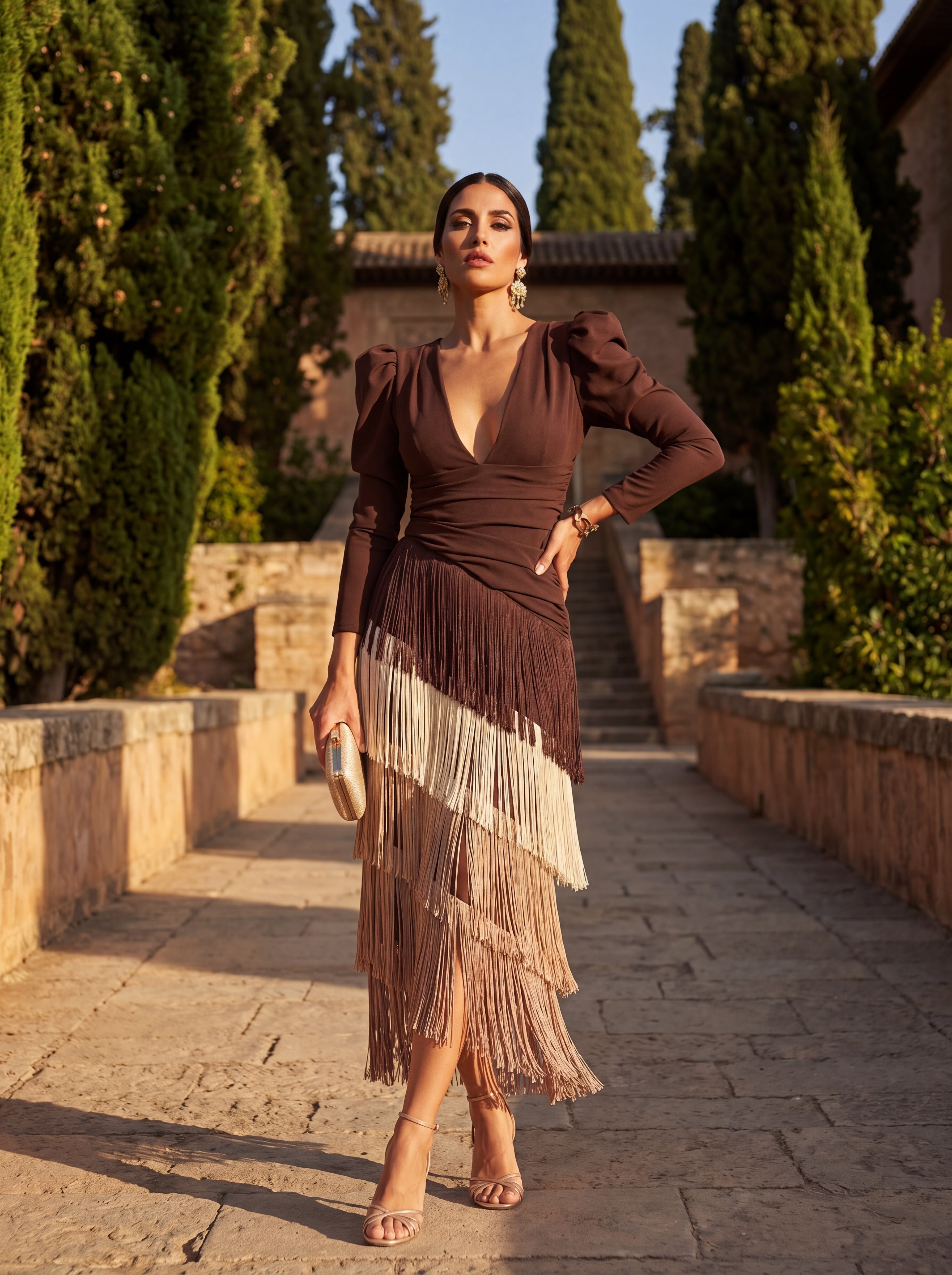 Vestido Evasé de Flecos Elegantes