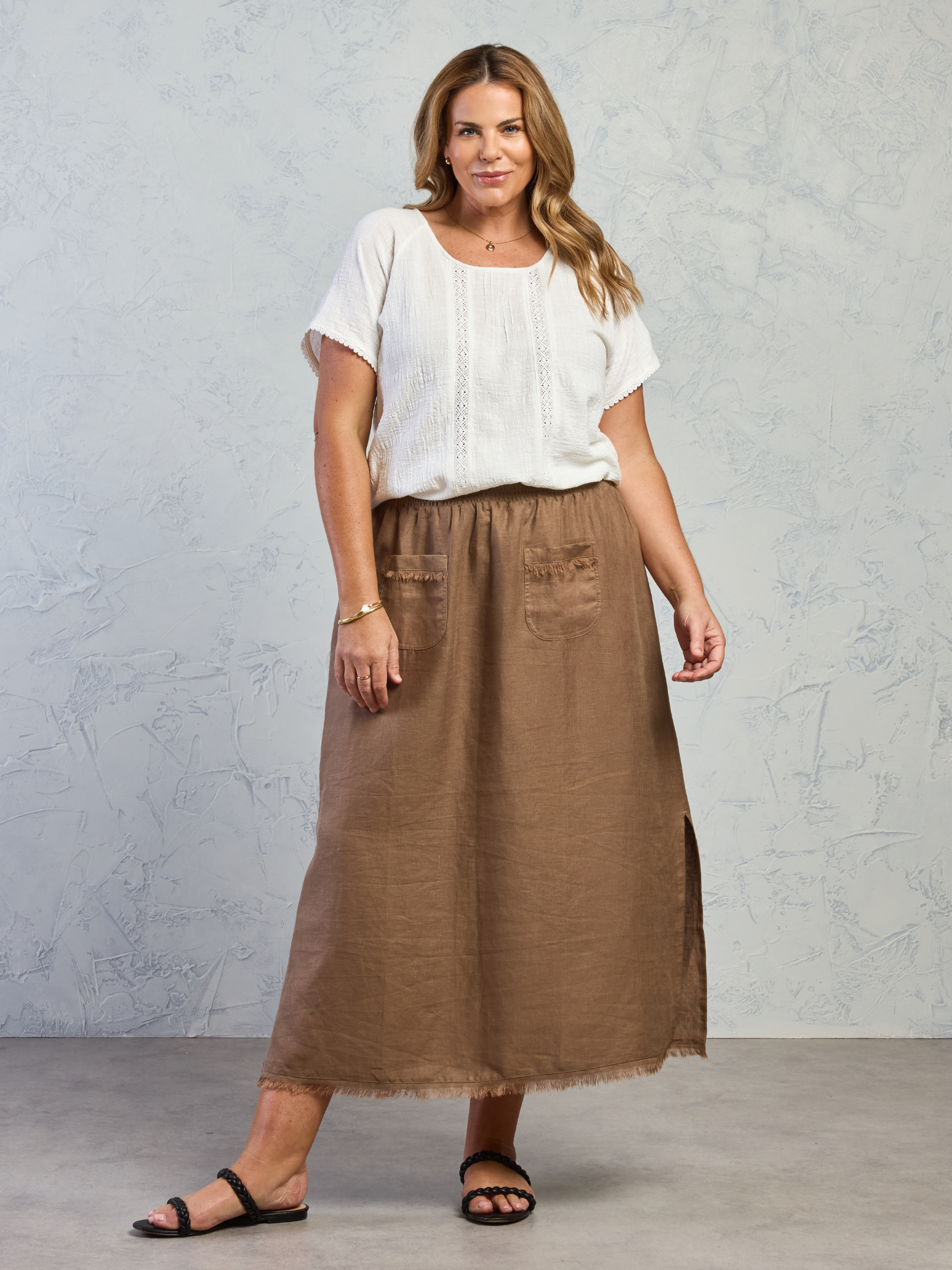 Falda Aurora de Lino Francés Canela