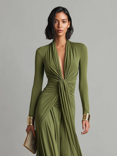 Solène | Vestido Maxi de Seda Verde Oliva, Escote en V Profundo