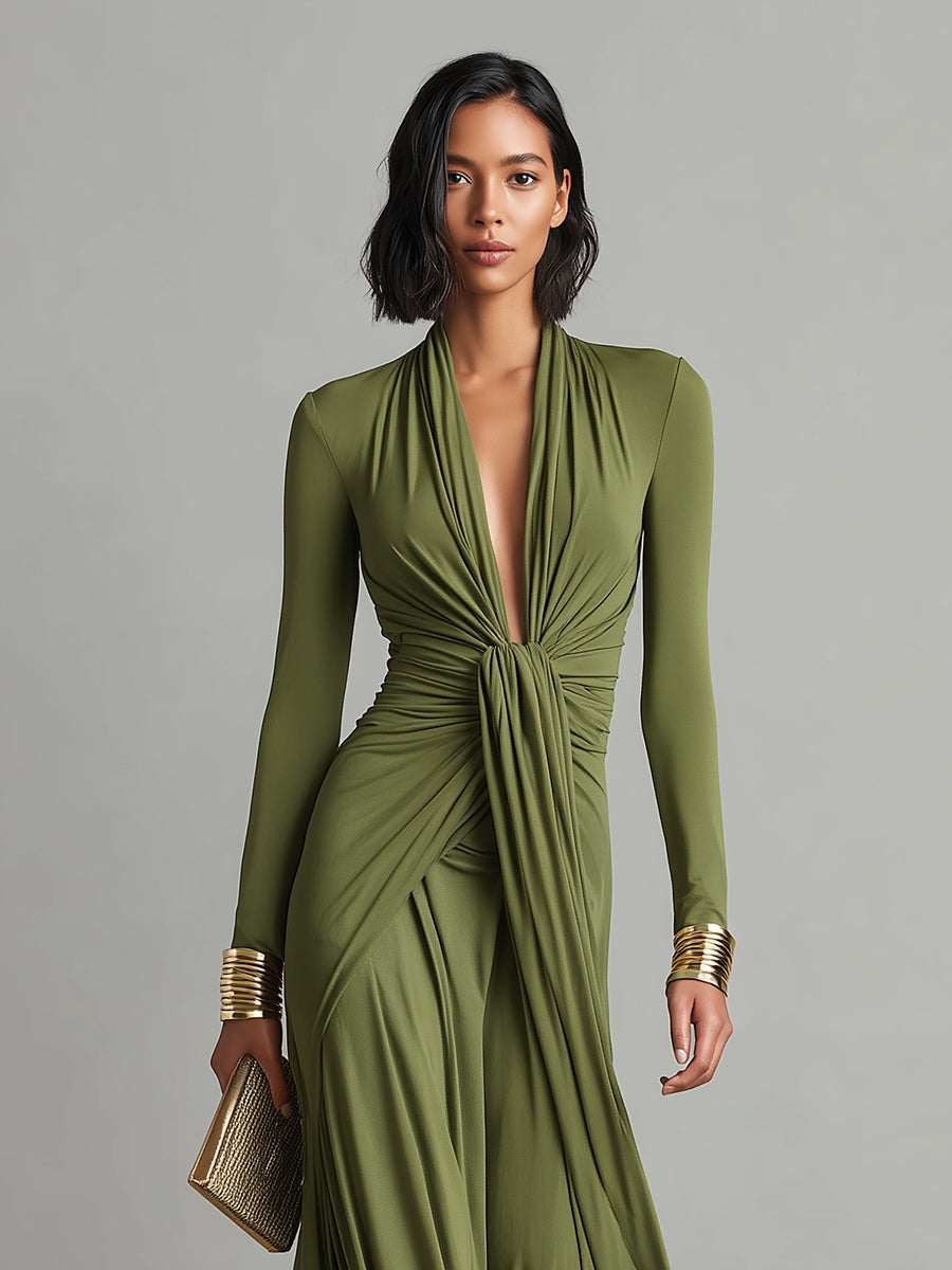 Solène | Vestido Maxi de Seda Verde Oliva, Escote en V Profundo