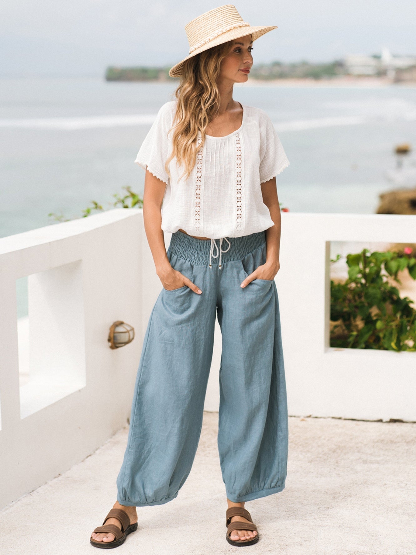 Pantalón Sadhu de Lino Francés Azul Tahití