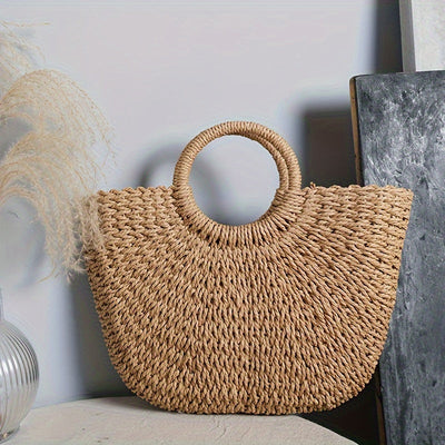 Serenella | Bolso Media Luna de Paja Trenzada Coñac