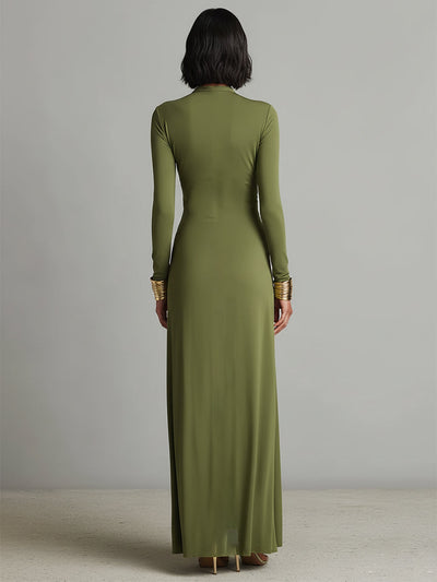 Solène | Vestido Maxi de Seda Verde Oliva, Escote en V Profundo