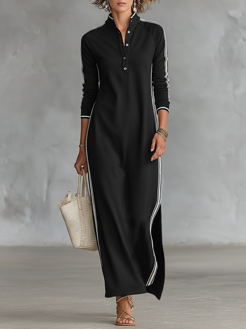 Laure | Vestido Maxi de Felpa, Cuello con Botones y Bajo Blanco