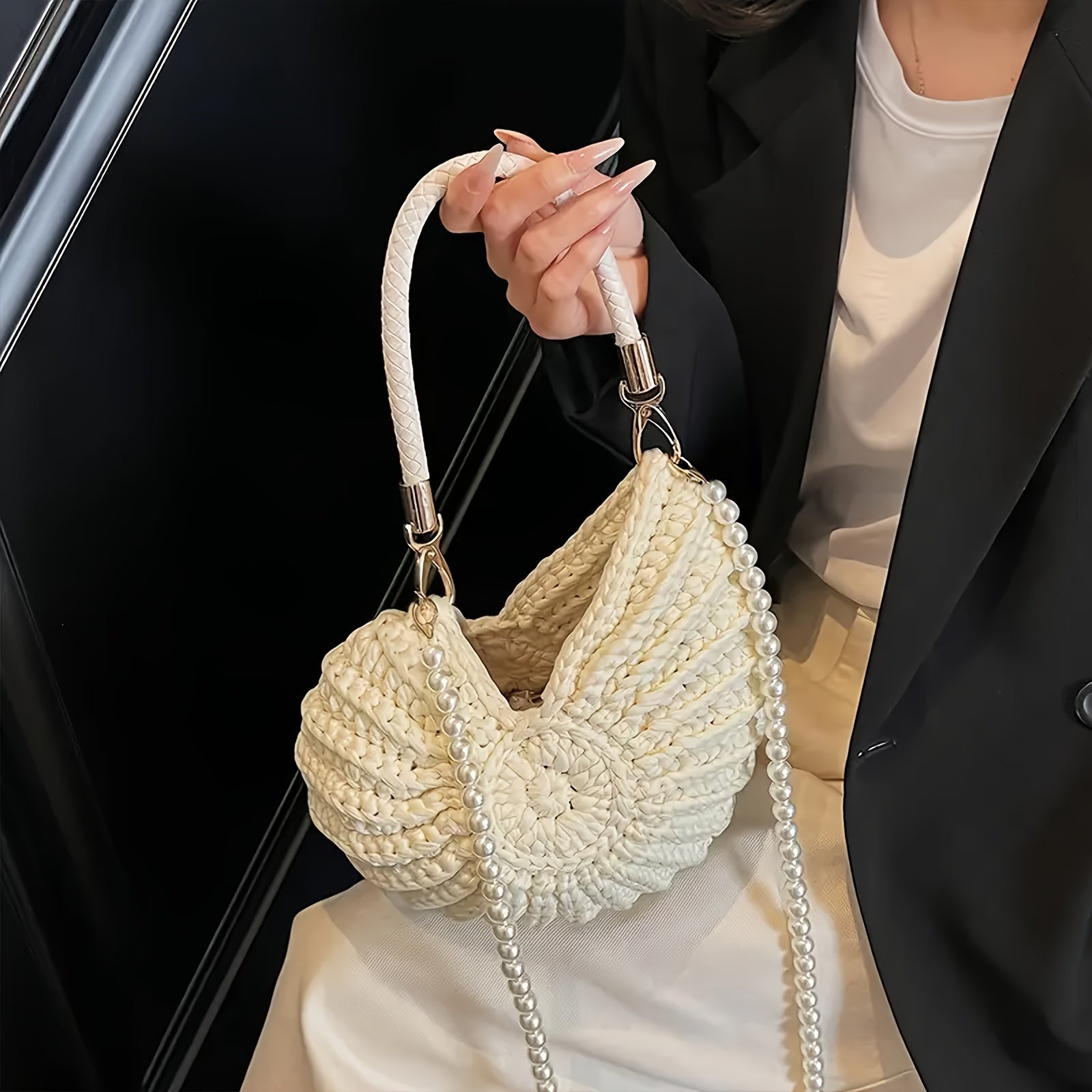 Tamara | Bolso Tote Trenzado con Cadena - Blanco Crema
