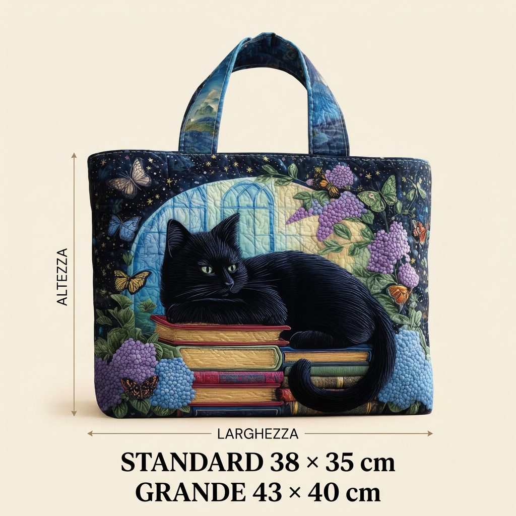 Bolso Artesanal gato negro sobre libros – Idea de Regalo