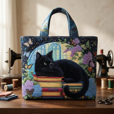 Bolso Artesanal gato negro sobre libros – Idea de Regalo
