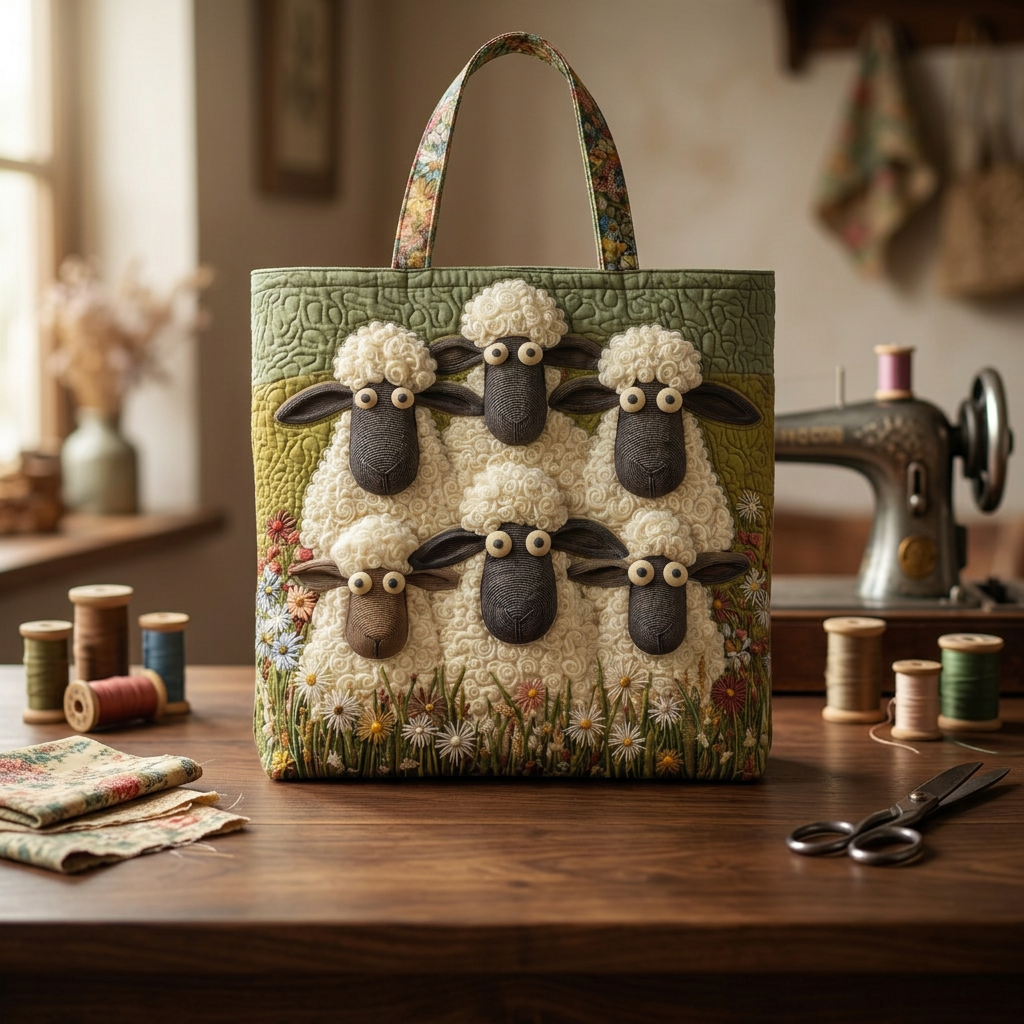 Bolso Artístico Acolchado cinco ovejas – Dos Tamaños