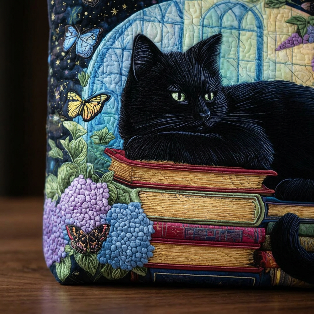 Bolso Artesanal gato negro sobre libros – Idea de Regalo