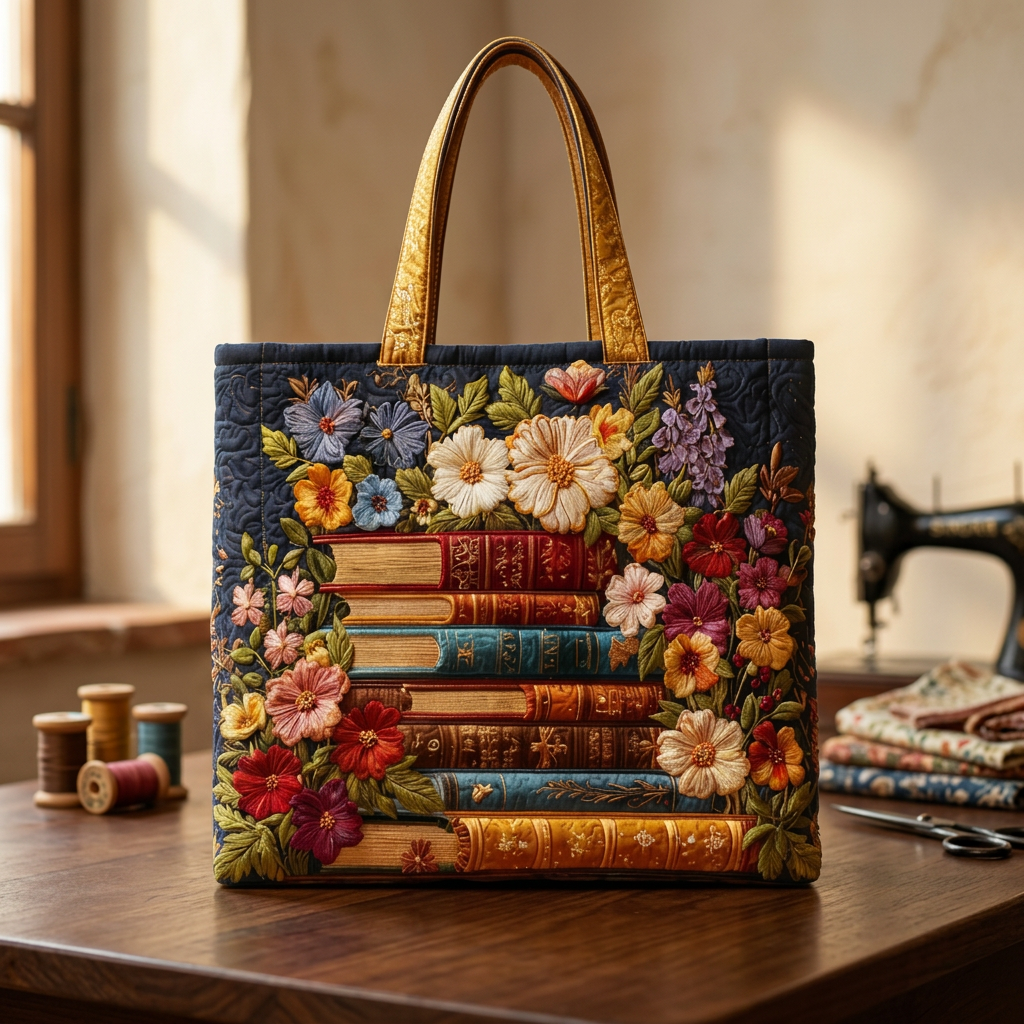 Bolso Acolchado estampado floral y libros – Para Amantes de los Libros