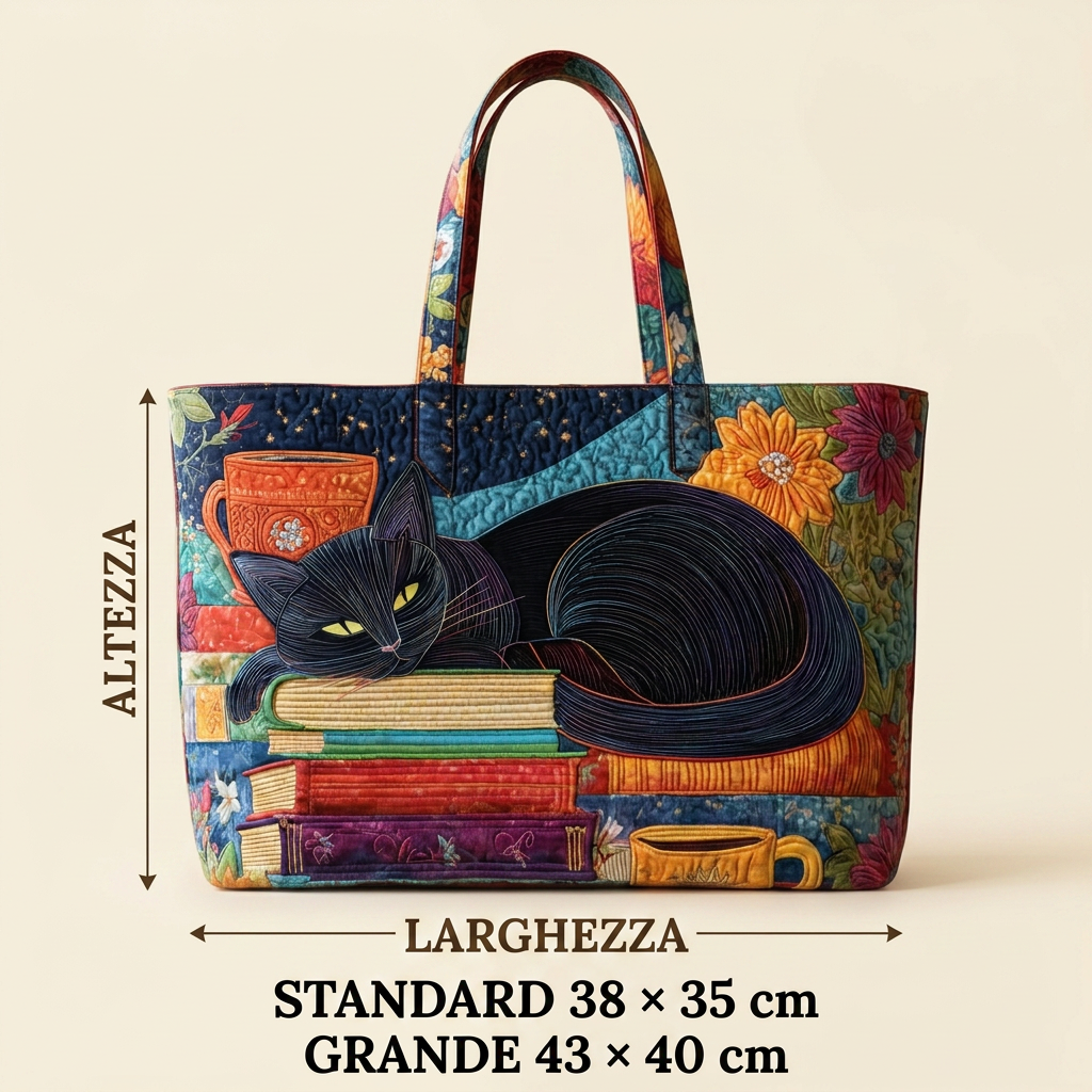 Bolso de Mujer con gato negro, libros y tazas – Dos Tamaños