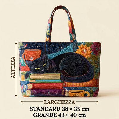 Bolso de Mujer con gato negro, libros y tazas – Dos Tamaños