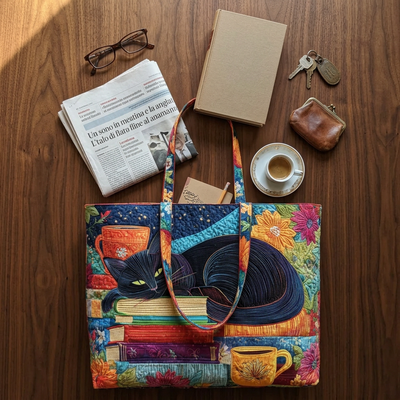 Bolso de Mujer con gato negro, libros y tazas – Dos Tamaños