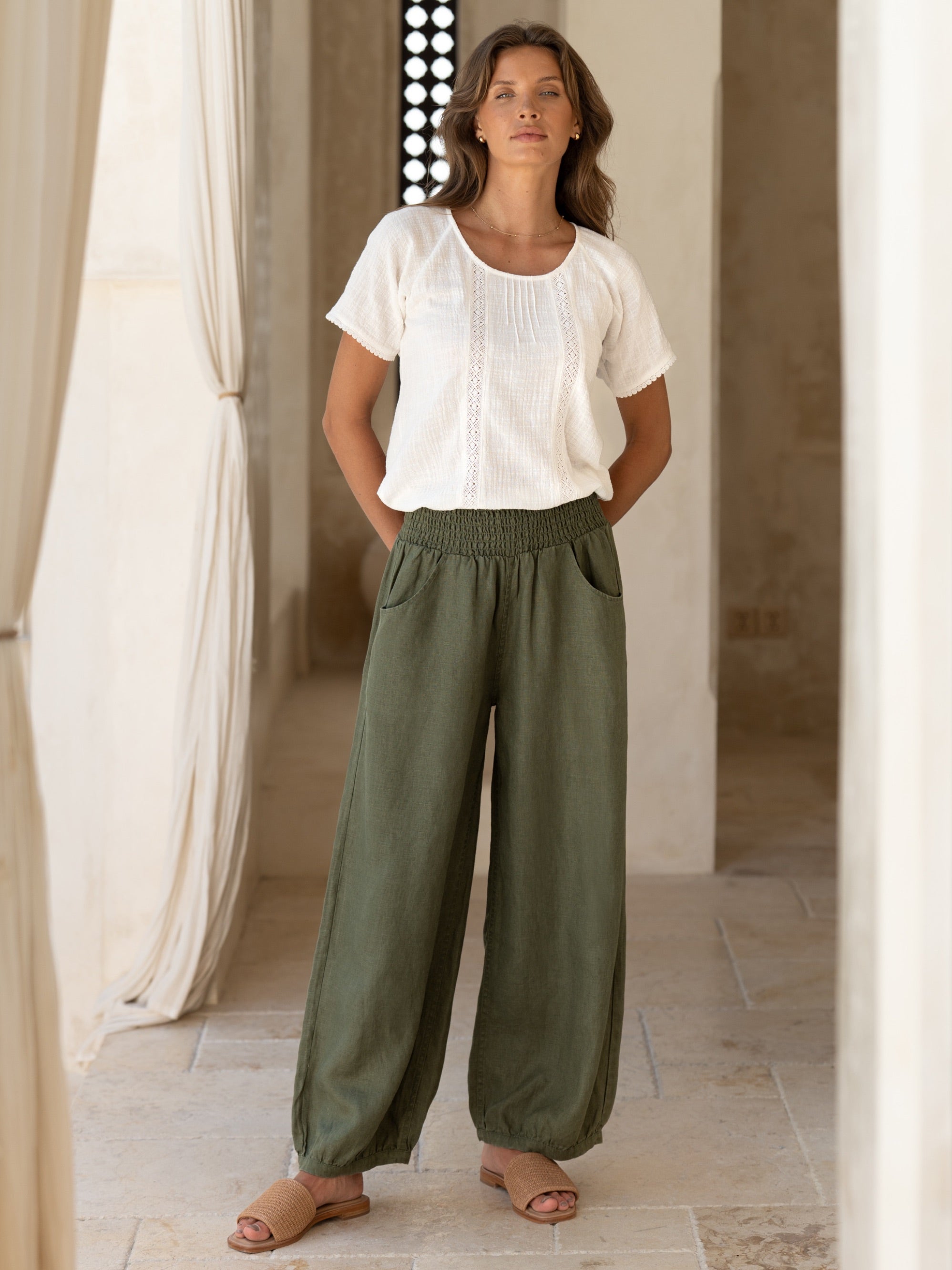 Pantalón Sadhu de Lino Francés Oliva - BELLAVERA