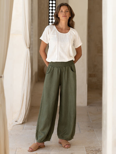 Pantalón Sadhu de Lino Francés Oliva - BELLAVERA